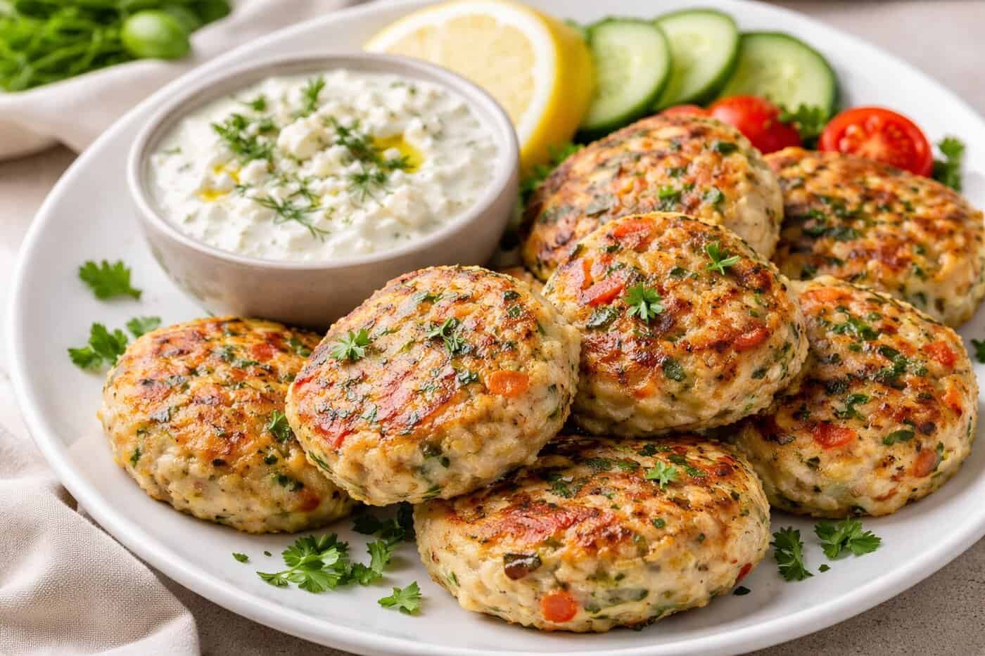 Μπιφτέκια κοτόπουλου με λαχανικά & σάλτσα φέτας (video)